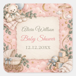 Grillige Roze Teddybeer Baby Shower Vierkante Sticker