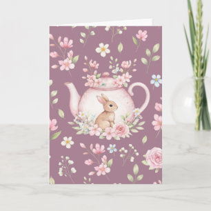 Grillige Roze Theepot met Bloemen Paas Konijn  Kaart