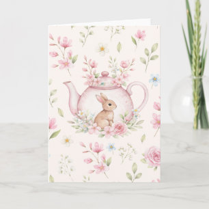 Grillige Roze Theepot met Bloemen Paas Konijn  Kaart