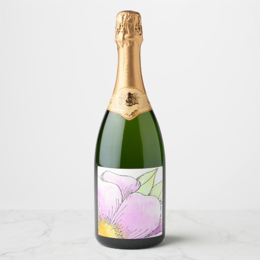 Grillige Roze Waterverf Bloem Sparkling Wijnetiket (Voorkant)