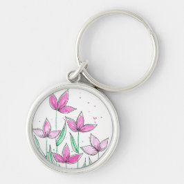Grillige Roze Waterverf Bloemen Sleutelhanger