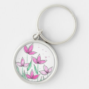 Grillige Roze Waterverf Bloemen Sleutelhanger