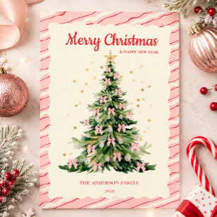 Grillige Roze Waterverf Kerstboom Feestdagenkaart