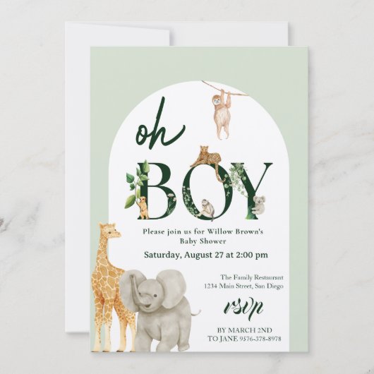 grillige Safari Dier Oerwoud Groen Baby shower Kaart (Voorkant)