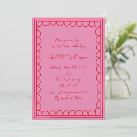 Grillige Script Roze Rode Krabbelrand Bruidsdouche Kaart (Staand voorkant)