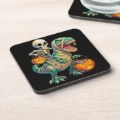 Grillige Skelet Rijdt Mummie T-Rex Halloween Bier Onderzetter (Linkerzijde)
