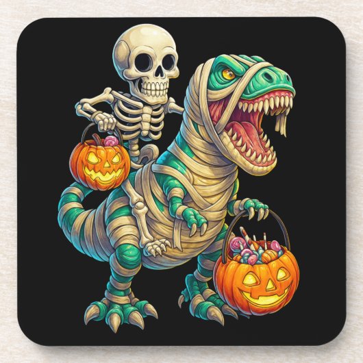 Grillige Skelet Rijdt Mummie T-Rex Halloween Bier Onderzetter (Voorkant)