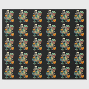 Grillige Skelet Rijdt Mummie T-Rex Halloween  Cadeaupapier