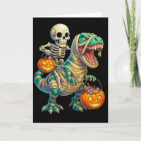 Grillige Skelet Rijdt Mummie T-Rex Halloween