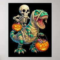 Grillige Skelet Rijdt Mummie T-Rex Halloween