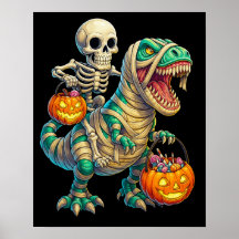 Grillige Skelet Rijdt Mummie T-Rex Halloween 