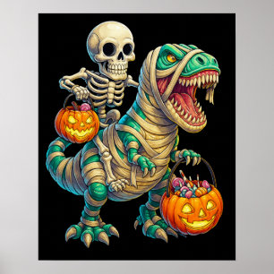 Grillige Skelet Rijdt Mummie T-Rex Halloween Poster