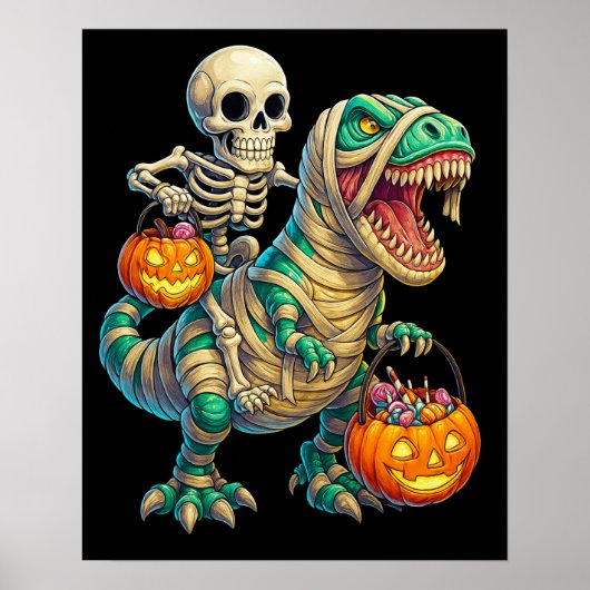 Grillige Skelet Rijdt Mummie T-Rex Halloween Poster (Voorkant)