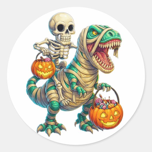 Grillige Skelet Rijdt Mummie T-Rex Halloween Ronde Sticker (Voorkant)