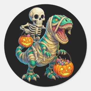 Grillige Skelet Rijdt Mummie T-Rex Halloween Ronde Sticker