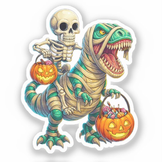 Grillige Skelet Rijdt Mummie T-Rex Halloween  Sticker (Voorkant)