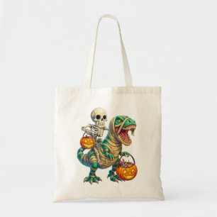 Grillige Skelet Rijdt Mummie T-Rex Halloween Tote Bag