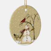Grillige Sneeuwman en Rode Vogel Kerstmis Keramisch Ornament (Rechts)
