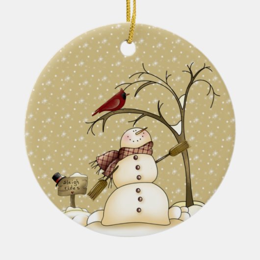 Grillige Sneeuwman en Rode Vogel Kerstmis Keramisch Ornament (Voorkant)