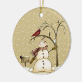 Grillige Sneeuwman en Rode Vogel Kerstmis Keramisch Ornament (Links)