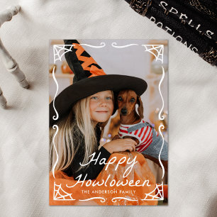 Grillige Spinnenweb Halloween Hond Foto Feestdagenkaart