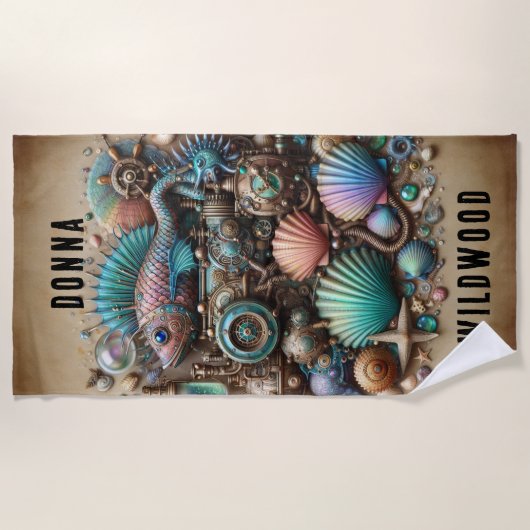 GRILLIGE STEAMPUNK FISH & SHELLS, GEPERSONALISEERD STRANDLAKEN (Voorkant)