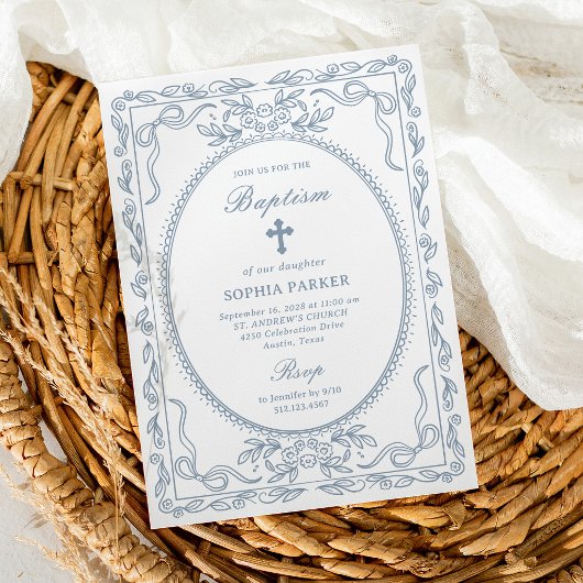 Grillige Stofblauwe Coquette Frame | Doopfeest Kaart