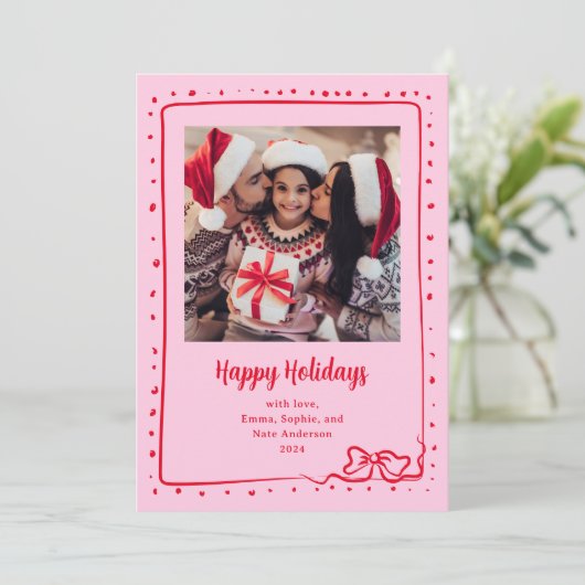 grillige strik | Prettige feestdagen Foto: roze en Feestdagenkaart (Staand voorkant)