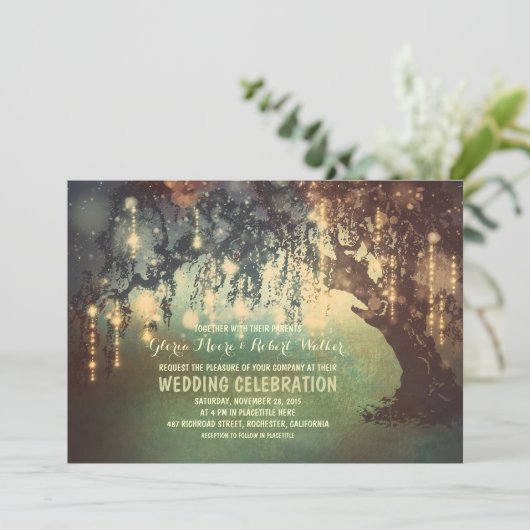 grillige string lichten boom bruiloft uitnodiginge kaart (Staand voorkant)