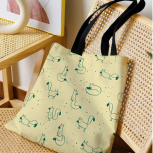 Grillige Teal Doodle Vossen op Boter Geel Tote Bag