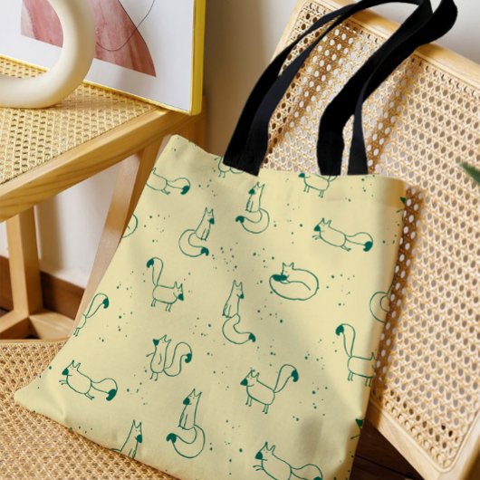 Grillige Teal Doodle Vossen op Boter Geel Tote Bag