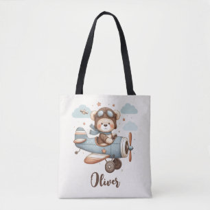 Grillige teddybeer piloot gepersonaliseerd tote bag