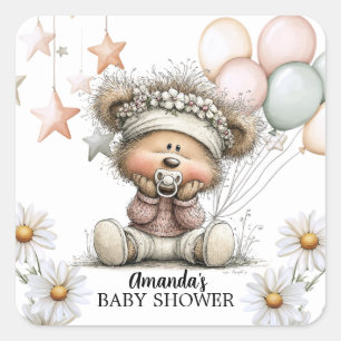 Grillige Teddydbeer Baby Shower Uitnodiging Vierkante Sticker