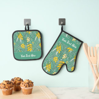 Grillige Tropische Bloem Bladprint Ovenwant & Pannenlap Set