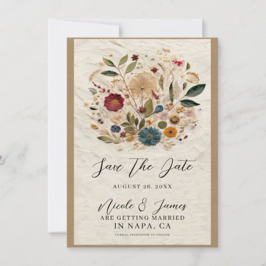 grillige tuin geperste bloemen bohemian bruiloft kaart (Voorkant)