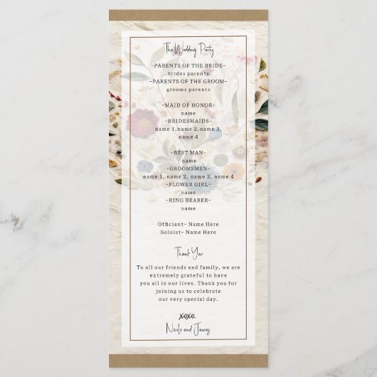 grillige tuin geperste bloemen bohemian bruiloft programmakaart (Achterkant)