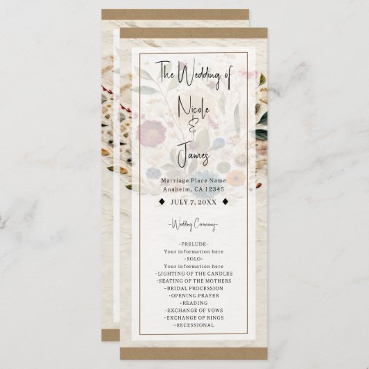 grillige tuin geperste bloemen bohemian bruiloft programmakaart (Voorkant / Achterkant)