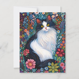 Grillige Tuxedo Kat met Wilde Bloemen Briefkaart
