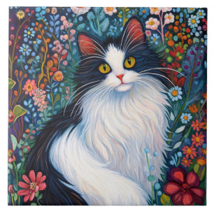 Grillige Tuxedo Kat met Wilde Bloemen Tegeltje