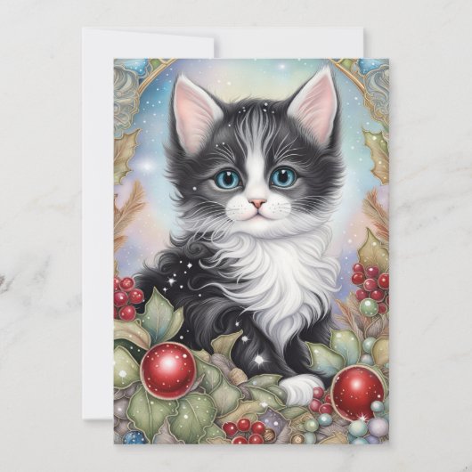 Grillige Tuxedo Kitten Holly Bessen Frame  Feestdagenkaart (Voorkant)