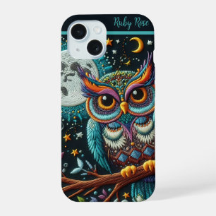 grillige uil faux borduurwerk iPhone 15 case