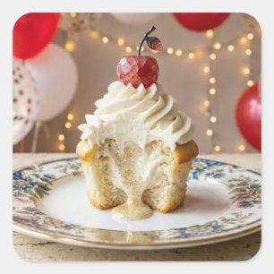Grillige Vanille Verjaardags Cupcake & Ballonnen Vierkante Sticker
