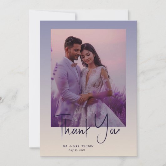 Grillige Verlopende Paarse Bloem Foto Bruiloft Bedankkaart (Voorkant)
