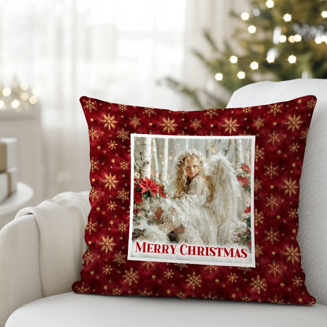 Grillige Victoriaanse Engel Rood en Goud Kussen (Whimsical Victorian Angel Red and Gold Gift Pillow)