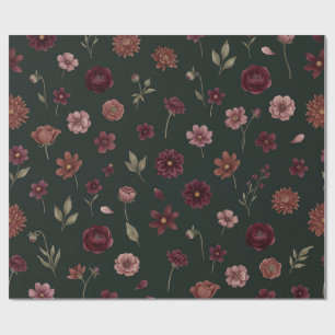 Grillige Vintage Bourgogne Bloemmotief Donkergroen Cadeaupapier