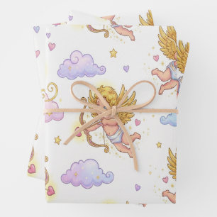 Grillige Vliegende Cupido's in Blauwe Lucht Fantas Inpakpapier Vel