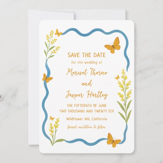 Grillige Vlinder Bloem Handgetekende Golflijn Save The Date (Voorkant)