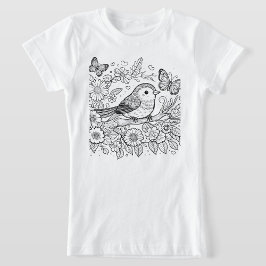 Grillige vogel- en vlinderbloemenlijn kunst t-shirt