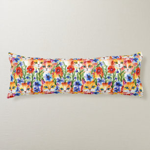 Grillige Volkskunst Aquarel Bloemen en Katten Lichaamskussen