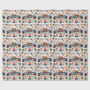 Grillige Volkskunst Happy Birthday Uil Bloemen Cadeaupapier